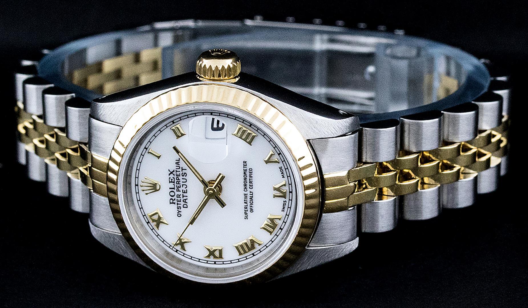 Rolex Ladies Two Tone White Roman Datejust Wristwatch