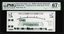 Circa 1970's Lincoln Memorial Giori Test Note PMG Superb Gem Uncirculated 67EPQ