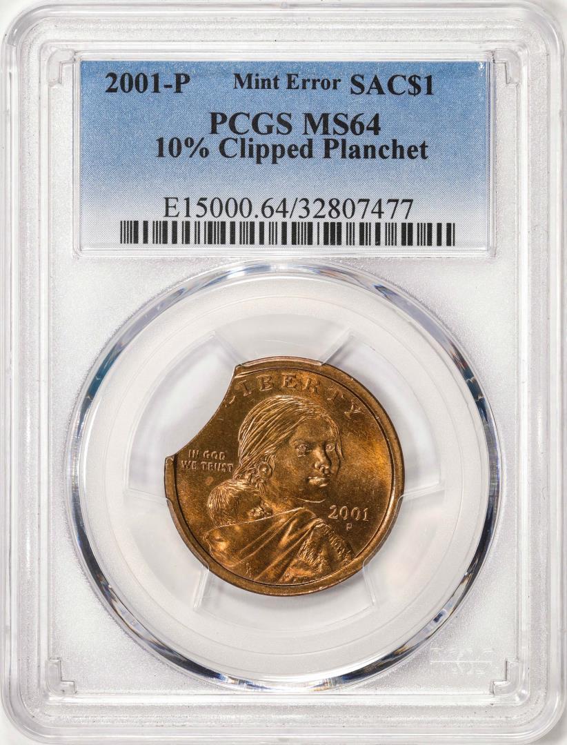 2001-P $1 Sacagawea Dollar Coin 10% Clipped Planchet PCGS Mint Error MS64