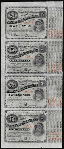 Uncut Sheet of (4) State of Louisiana Baby Bond Obsolete Notes