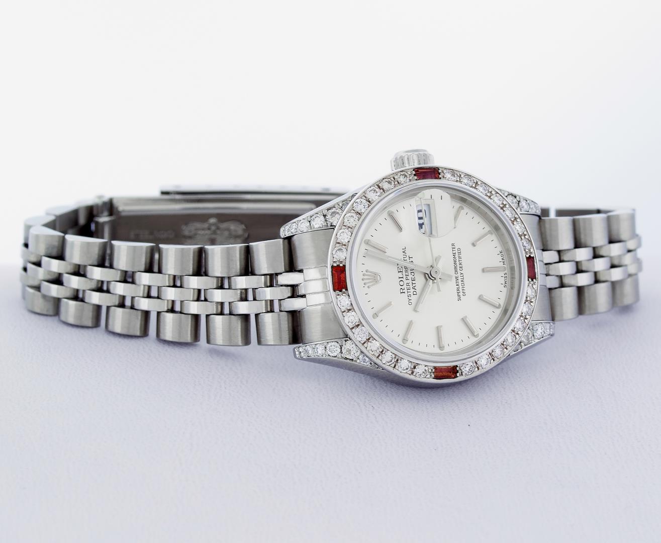 Rolex Ladies Stainless Steel Ruby and Diamond Datejust Wristwatch