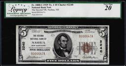1929 $5 The Second NB Nashua, NH CH# 2240 National Currency Note Legacy Very Fine 20