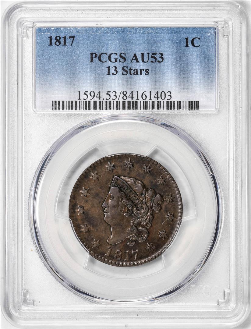 1817 13 Stars Coronet Head Large Cent Coin PCGS AU53