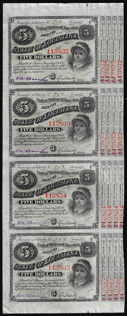 Uncut Sheet of (4) State of Louisiana Baby Bond Obsolete Notes