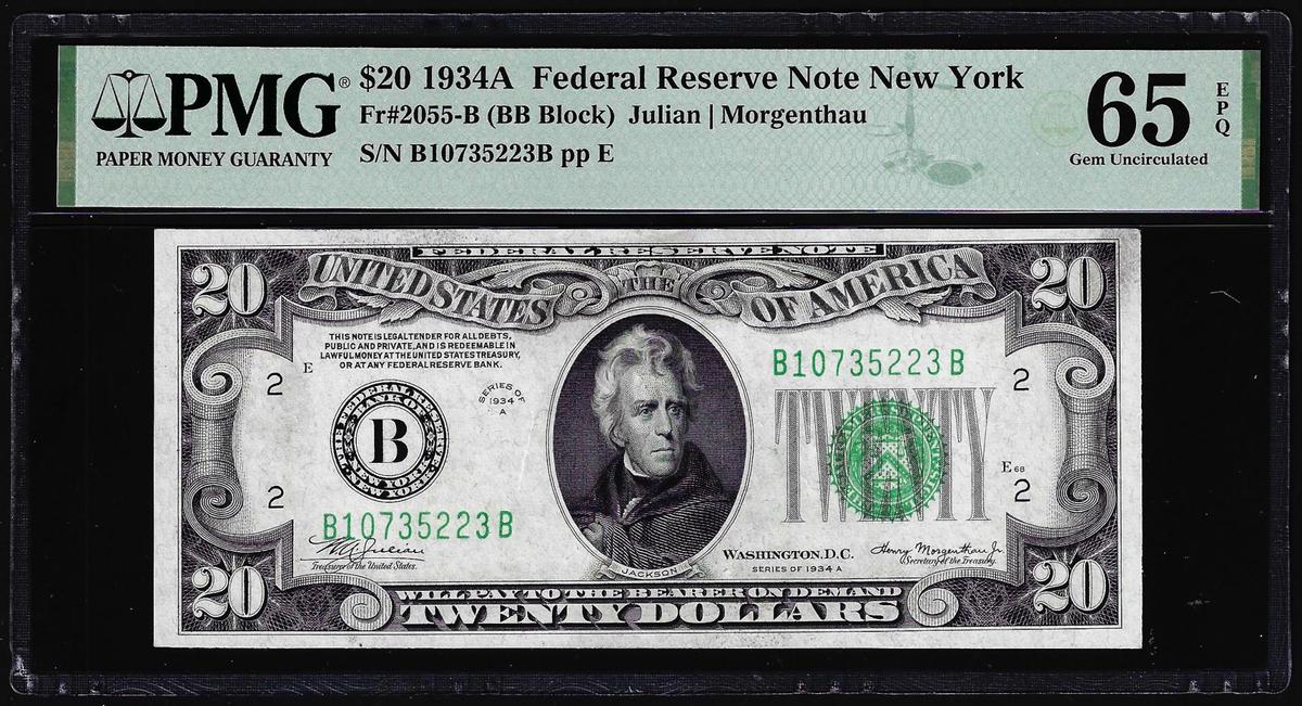 1934A $20 Federal Reserve Note New York Fr.2055-B PMG Gem Uncirculated 65EPQ