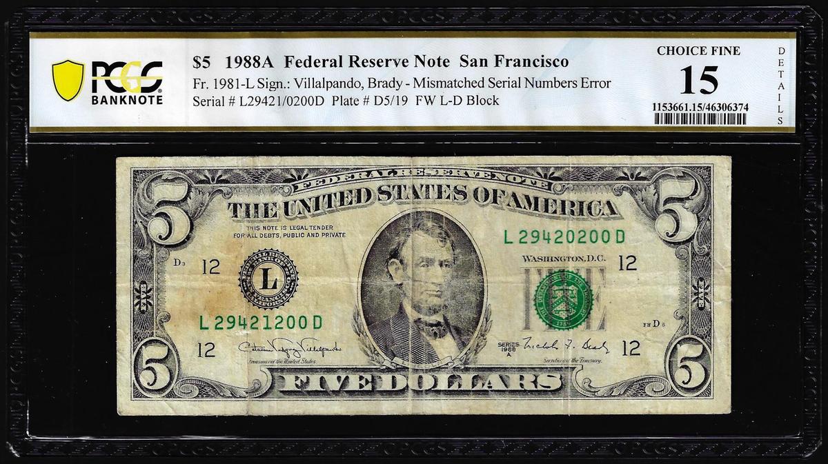 1988A $5 Federal Reserve Note Mismatched Serial Number Error PCGS Ch. Fine 15 Details