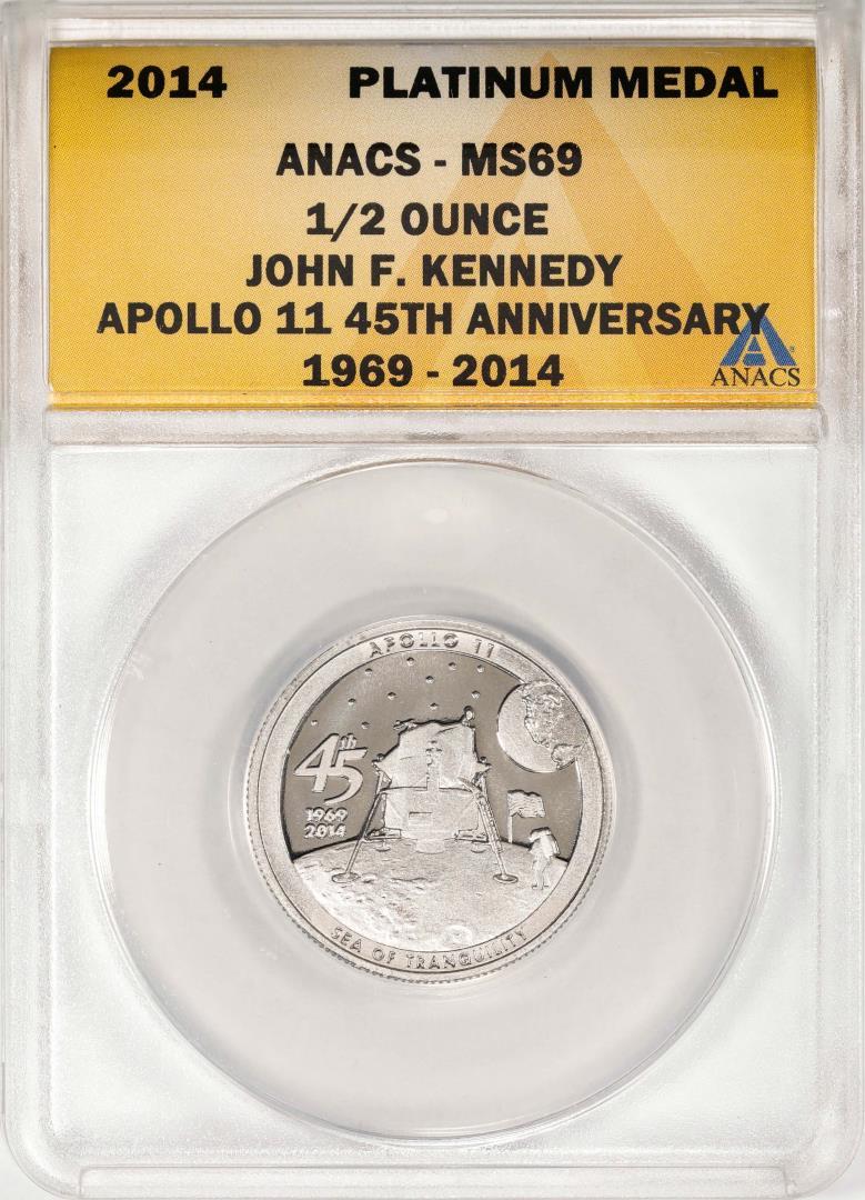 2014 Proof 1/2 oz Platinum JFK Apollo 11 Anniversary Medal ANACS MS69