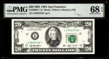 1993 $20 Federal Reserve STAR Note San Francisco Fr.2080-L* PMG Superb Gem Unci 68EPQ