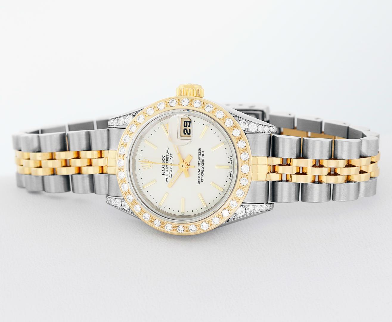 Rolex Ladies Two Tone Silver Index Dial Diamond Datejust Wristwatch