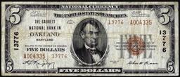 1929 Type 2 $5 Garrett NB in Oakland, Maryland CH# 13776 National Currency Note