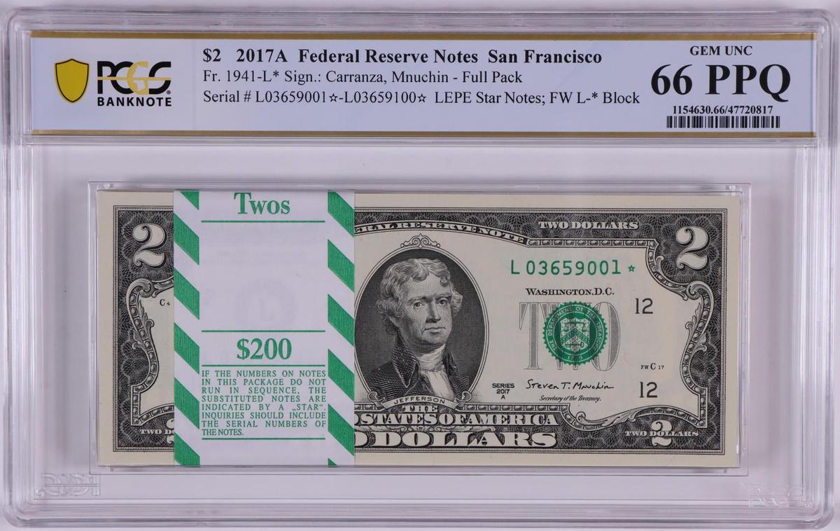 Pack 2017A $2 Federal Reserve STAR Notes San Francisco Fr.1941-L* PCGS Gem UNC 66PPQ