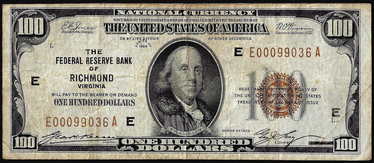 1929 $100 Federal Reserve Bank Note Richmond Virginia