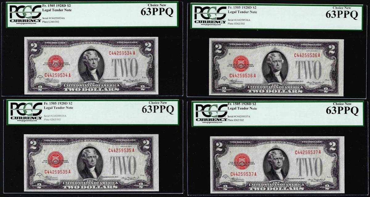 Lot of (4) Consecutive 1928D $2 Legal Tender Notes Fr.1505 PCGS Choice New 63PPQ