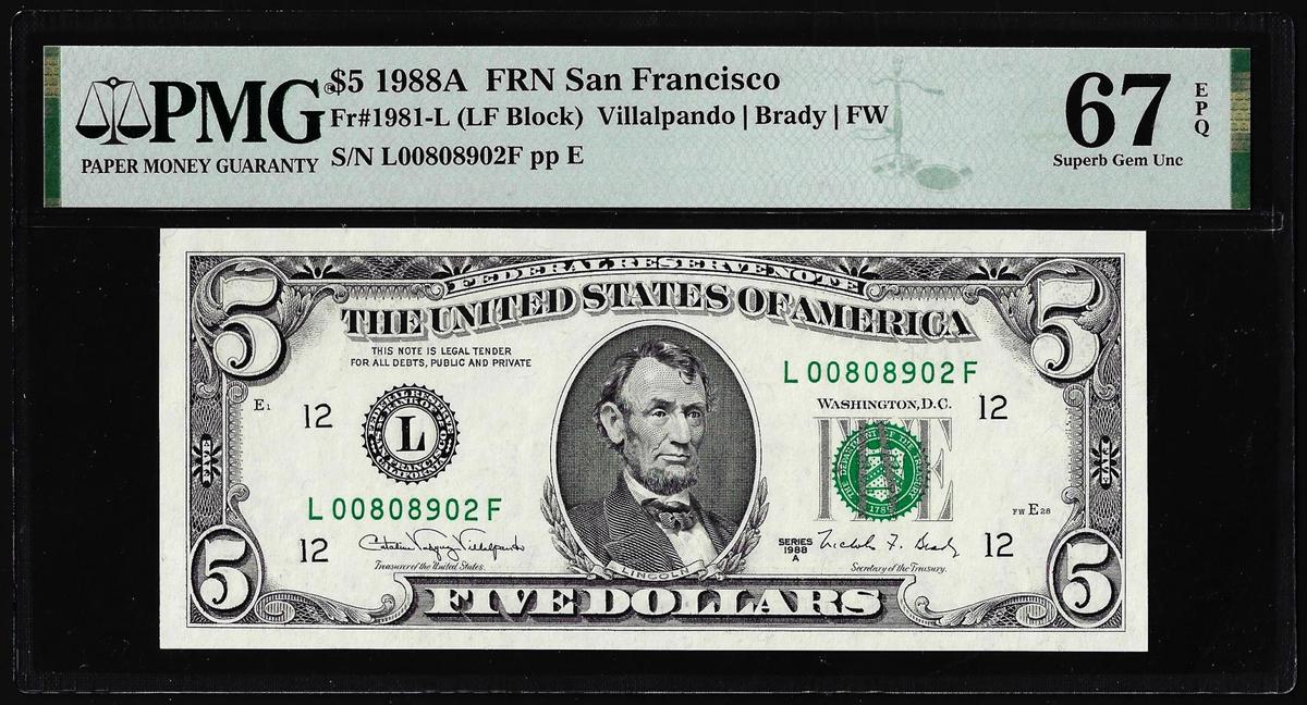 1988A $5 Federal Reserve Note San Francisco Fr.1981-L PMG Superb Gem Unc 67EPQ