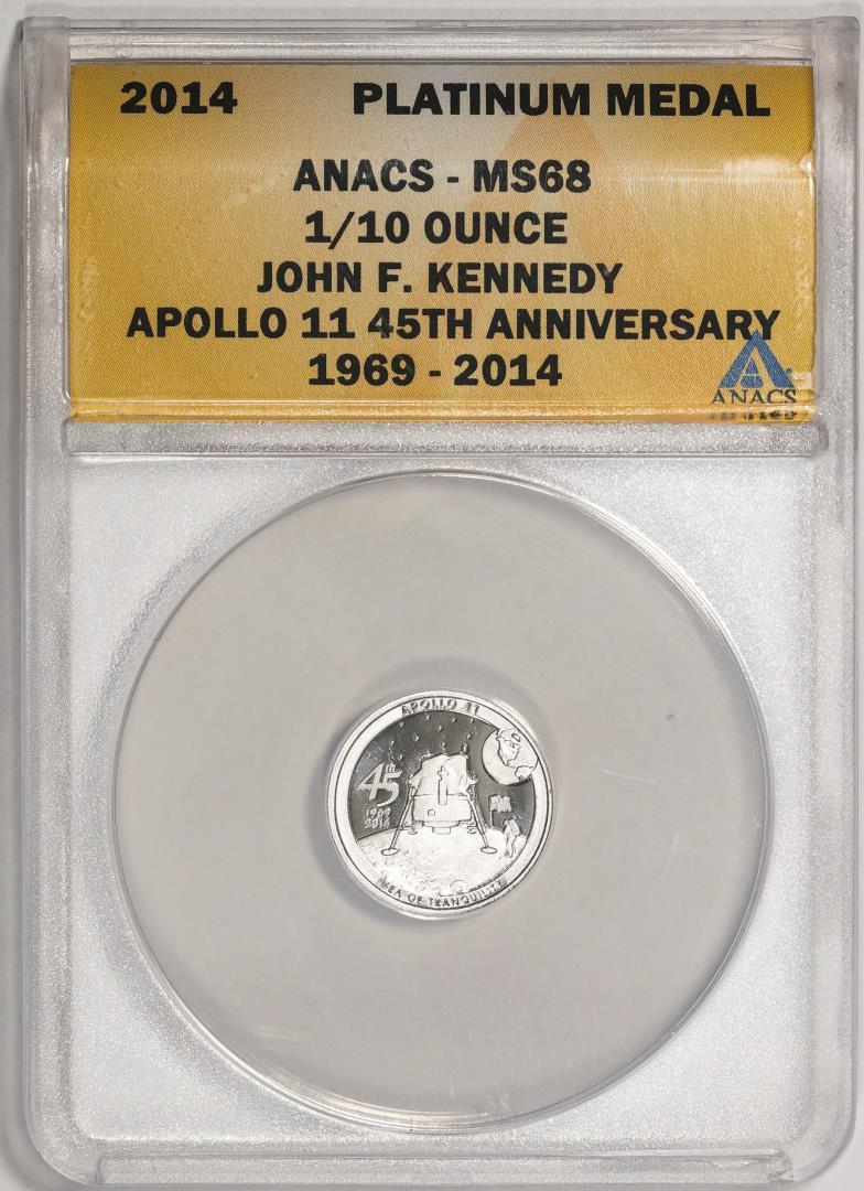 2014 Proof 1/10 oz Platinum JFK Apollo 11 Anniversary Medal ANACS MS68