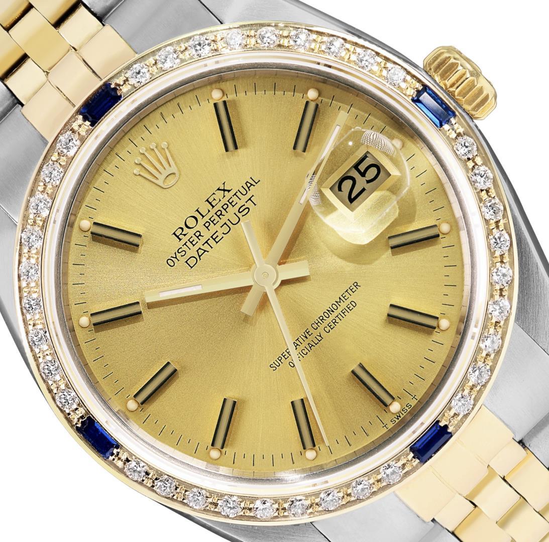 Rolex Mens Two Tone Sapphire and Diamond Datejust Wristwatch With Rolex Box