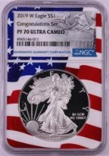 2019-W $1 Proof American Silver Eagle Coin NGC PF70 Ultra Cameo Congratulations Flag