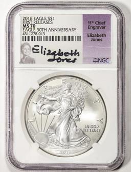 2016 $1 American Silver Eagle Coin NGC MS70 First Releases Signed 30th Anniversary