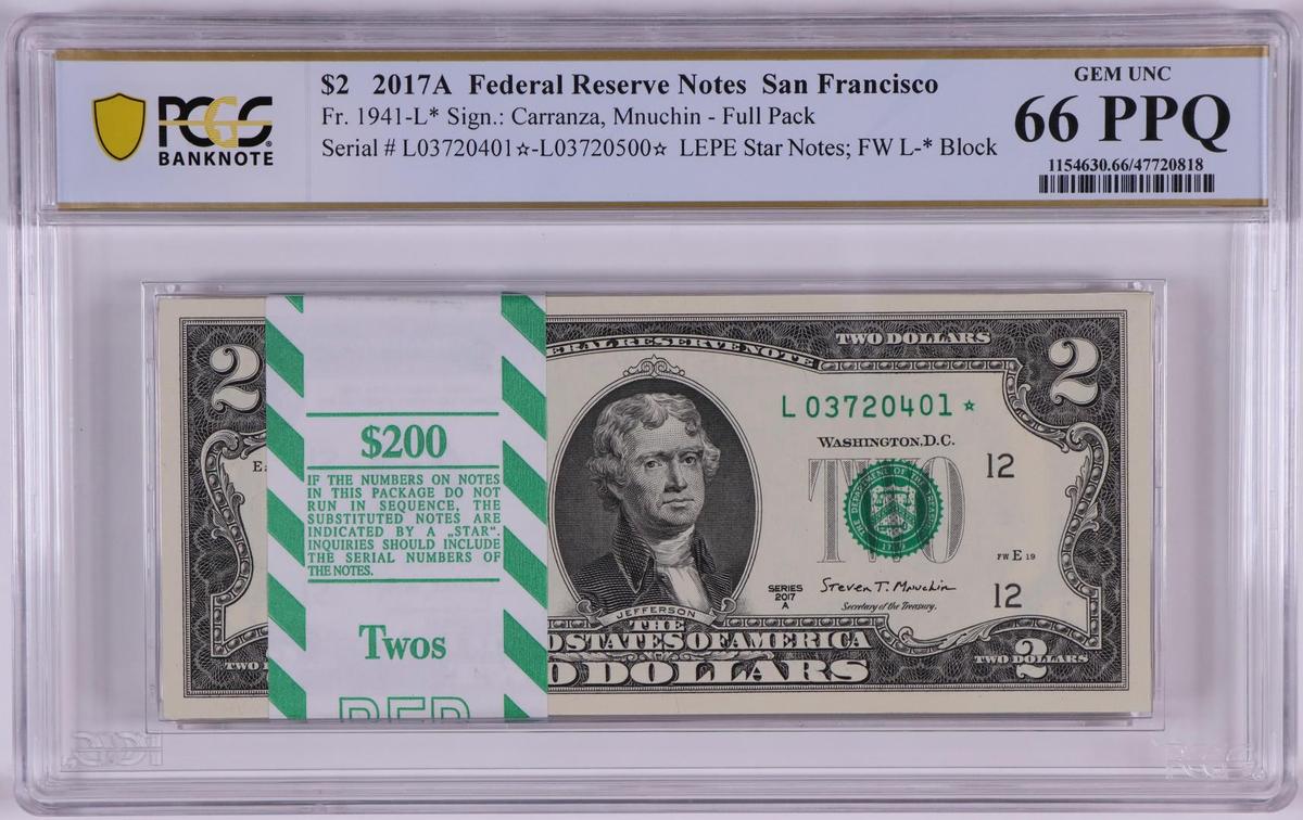 Pack 2017A $2 Federal Reserve STAR Notes San Francisco Fr.1941-L* PCGS Gem UNC 66PPQ