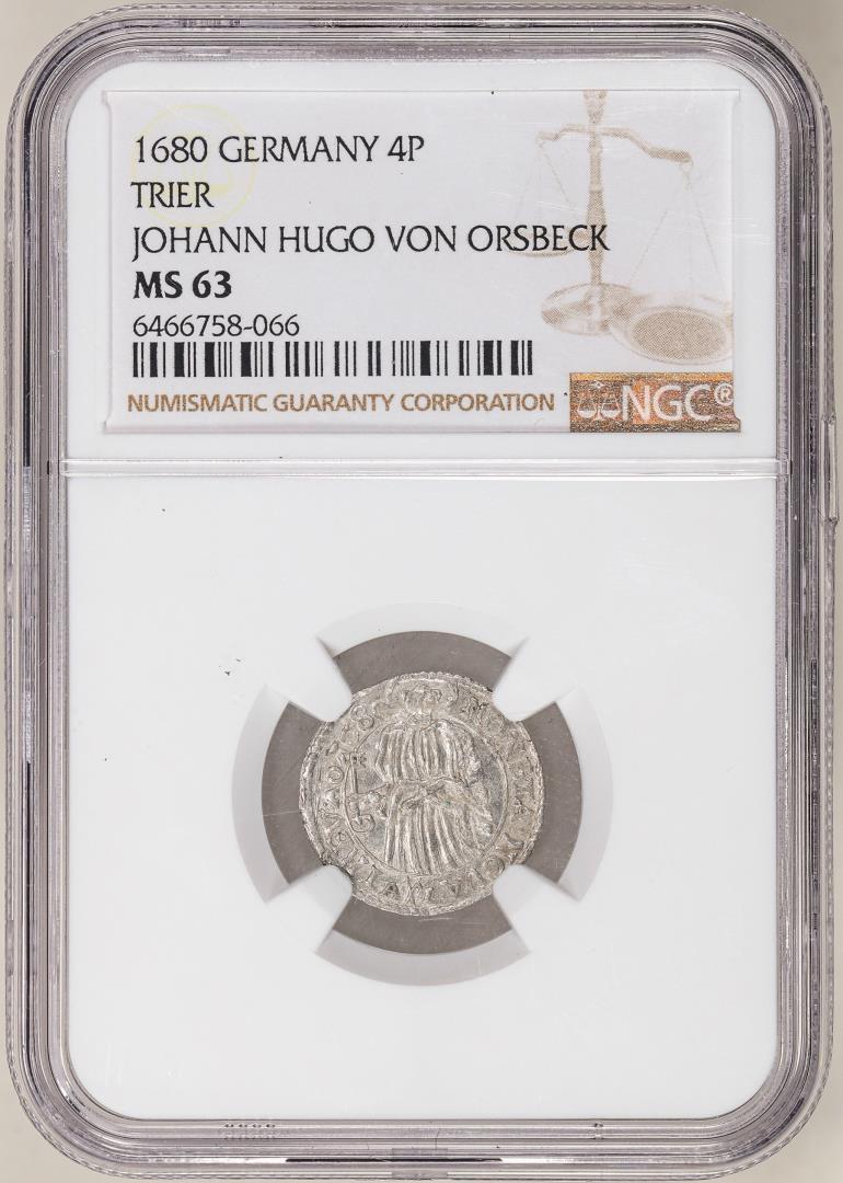 Germany 1680 Trier 4 Pfenning Johann Hugo Von Orsbeck Ancient Coin NGC MS63