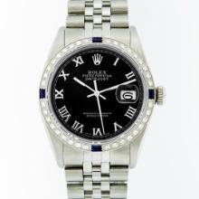 Rolex Mens Stainless Steel Black Roman Sapphire and Diamond Datejust Wristwatch