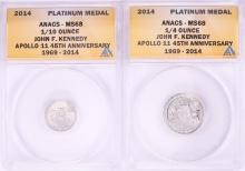 Set of 2014 Proof 1/10 & 1/4 oz Platinum JFK Apollo 11 Anniversary Medals ANACS MS68