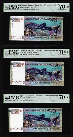 (3) Consecutive 2017 Djibouti 40 Francs Bank Notes PMG Seventy Gem Uncirculated 70EPQ*