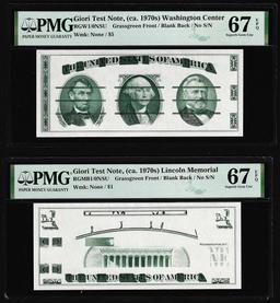 Set of Giori Test Note Washington & Lincoln Memorial PMG Superb Gem Unc 67EPQ