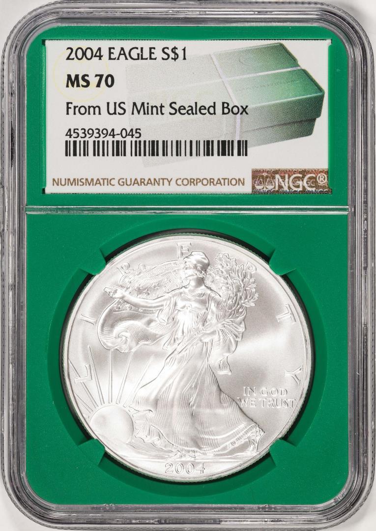 2004 $1 American Silver Eagle Coin NGC MS70 From US Mint Sealed Box Green Core