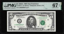 1988A $5 Federal Reserve Note San Francisco Fr.1981-L PMG Superb Gem Unc 67EPQ