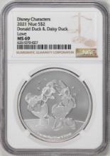 2021 Niue $2 Disney Characters Donald Duck & Daisy Duck Love Silver Coin NGC MS69