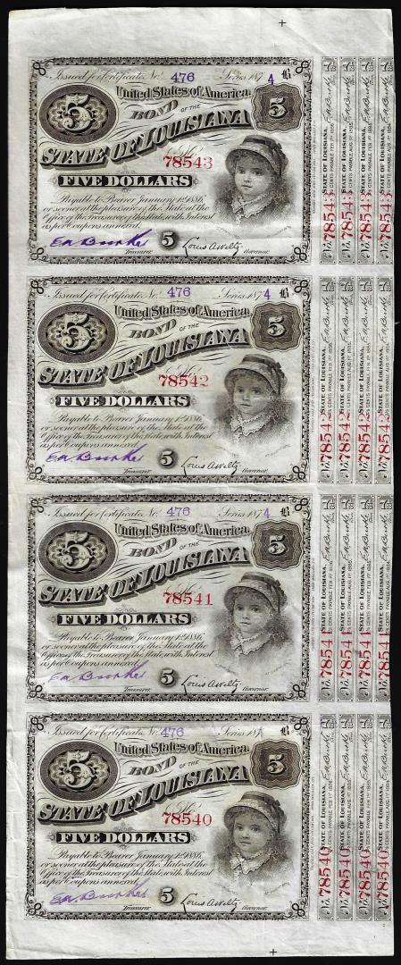 Uncut Sheet of (4) State of Louisiana Baby Bond Obsolete Notes