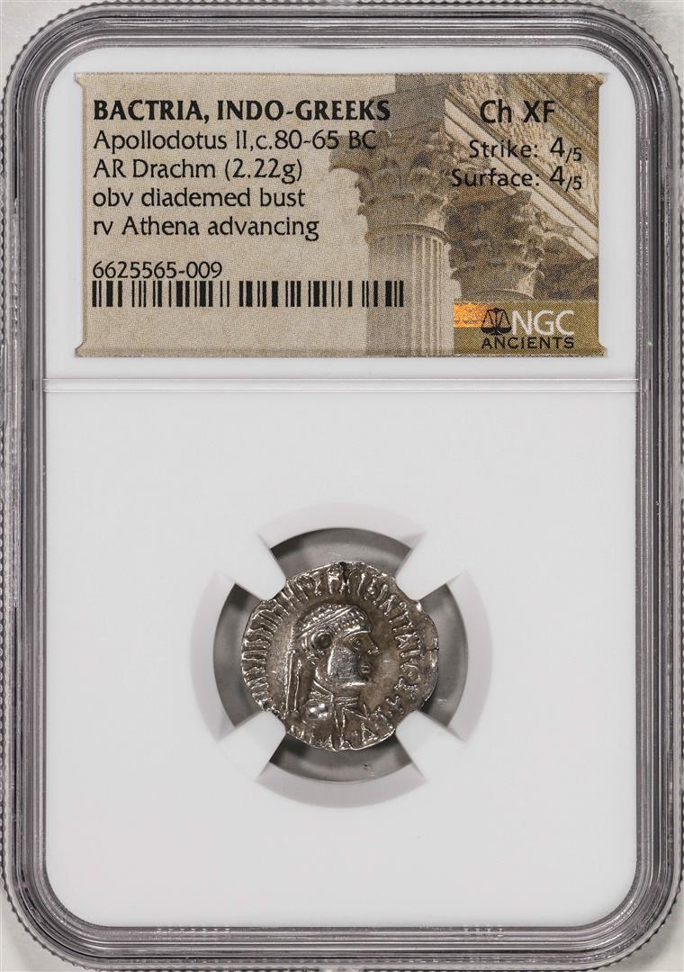 80-65 BC Bactria, Indo-Greeks Apollodotus II AR Drachm Ancient Coin NGC Ch XF