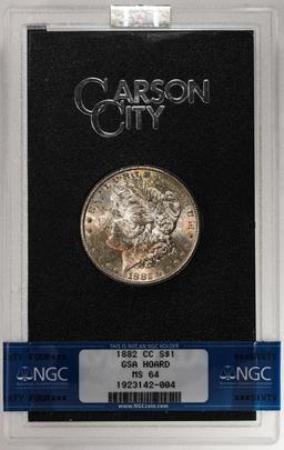 1882-CC $1 Morgan Silver Dollar Coin GSA Hoard NGC MS64 w/Box & COA Nice Toning