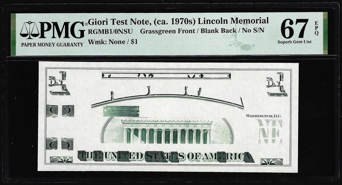 Circa 1970's Lincoln Memorial Giori Test Note PMG Superb Gem Uncirculated 67EPQ