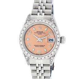 Rolex Ladies Stainless Steel Salmon Diamond Date Wristwatch