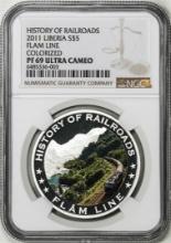 2011 Liberia $5 History of Railroads Flam Line Silver Coin NGC PF69 Ultra Cameo