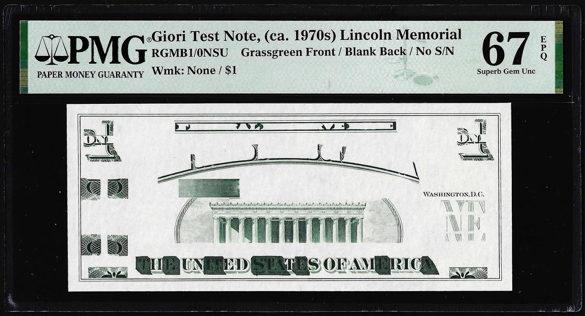 Circa 1970's Lincoln Memorial Giori Test Note PMG Superb Gem Uncirculated 67EPQ