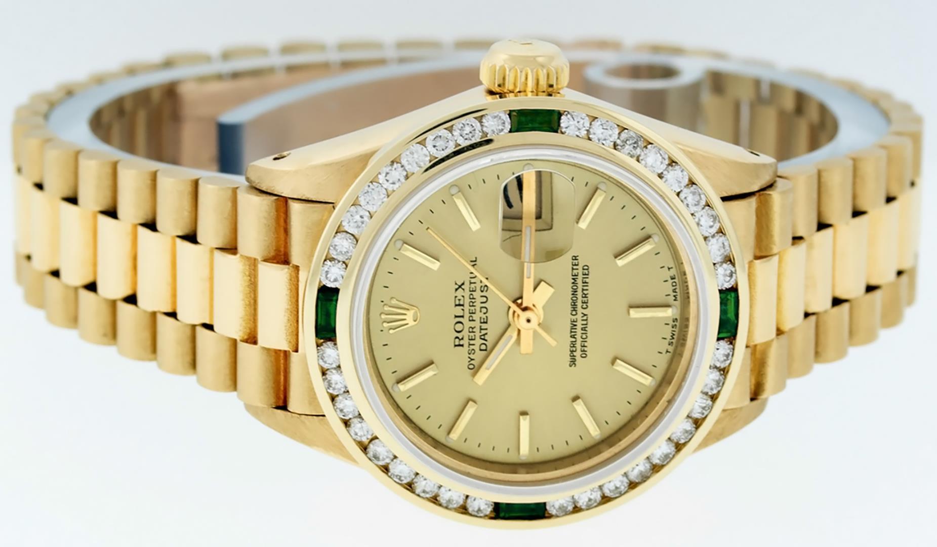 Rolex Ladies 18K Yellow Gold Emerald And Diamond President Wristwatch