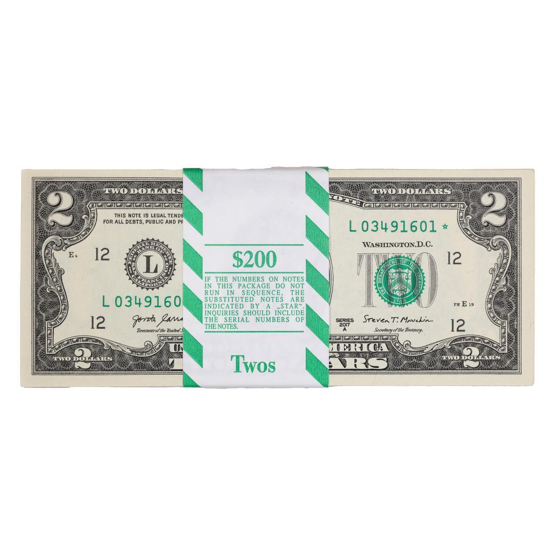 Pack of (100) Consecutive 2017A $2 Federal Reserve STAR Notes San Francisco