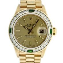 Rolex Ladies 18K Yellow Gold Emerald And Diamond President Wristwatch