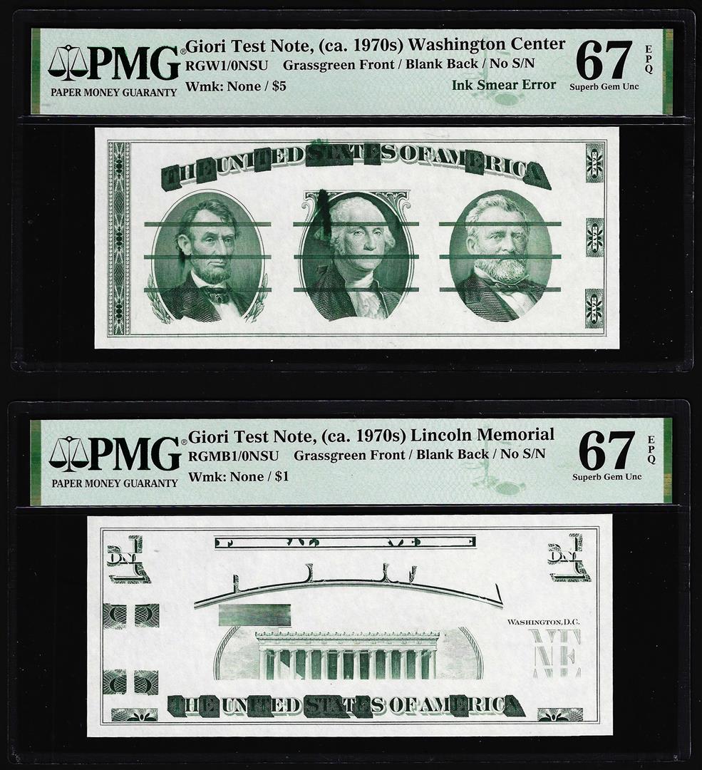 Set of Giori Test Note Washington & Lincoln Memorial PMG Superb Gem Unc 67EPQ