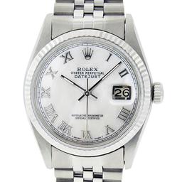 Rolex Mens Stainless Steel White Roman Datejust Wristwatch