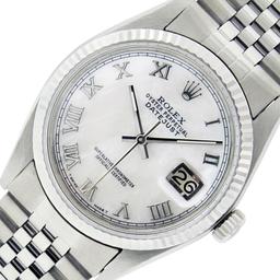 Rolex Mens Stainless Steel White Roman Datejust Wristwatch