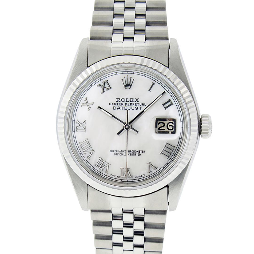 Rolex Mens Stainless Steel White Roman Datejust Wristwatch