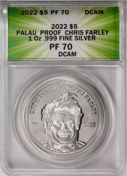 2022 $5 Palau Proof Chris Farley Silver Coin ANACS PF70DCAM