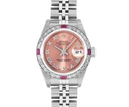 Rolex Ladies Stainless Steel Salmon Roman Ruby and Diamond Datejust Wristwatch