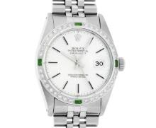 Rolex Mens Stainless Steel Silver Index Emerald and Diamond Datejust Wristwatch