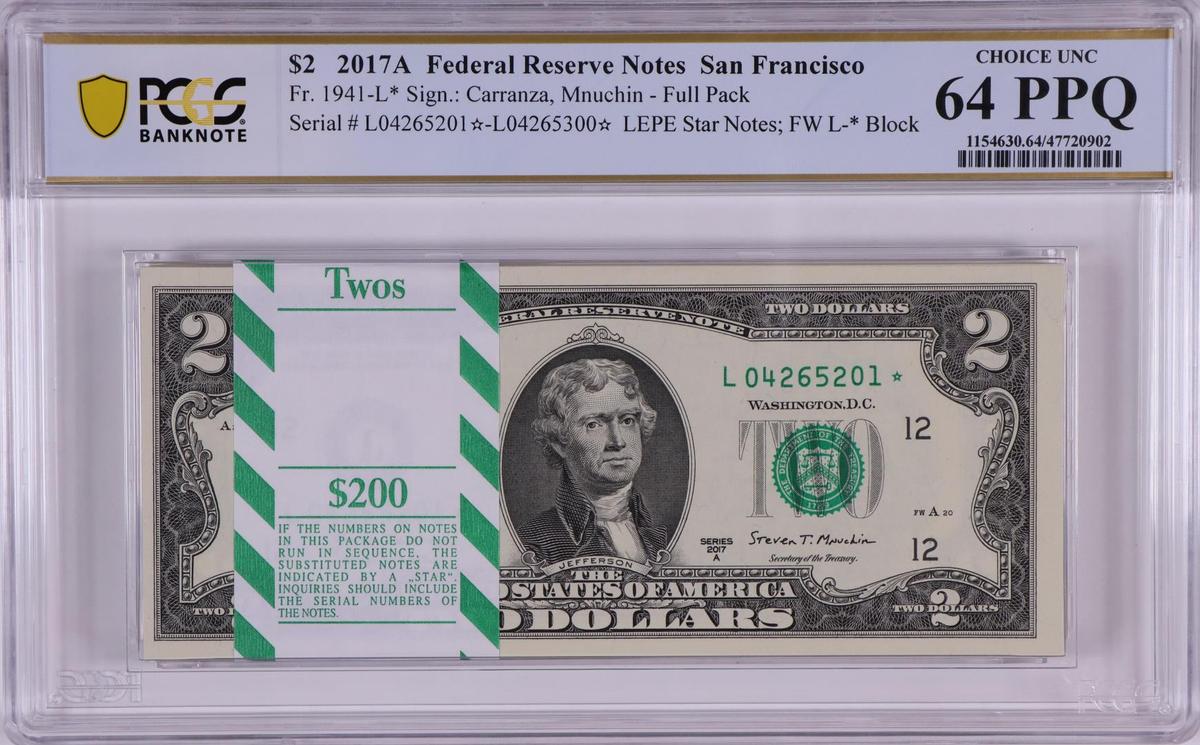 Pack 2017A $2 Federal Reserve STAR Notes SF Fr.1941-L* PCGS Choice Uncirculated 64PPQ