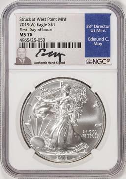 2019(W) $1 American Silver Eagle Coin NGC MS70 FDOI Moy Signature West Point Mint